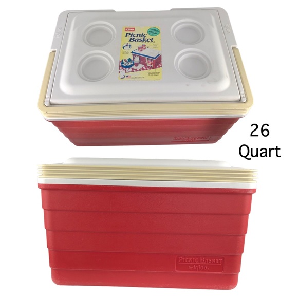 Vintage IGLOO Picnic Basket Red & White Cooler w/ Top Cup Holders & Large Handle - Picture 1 of 10